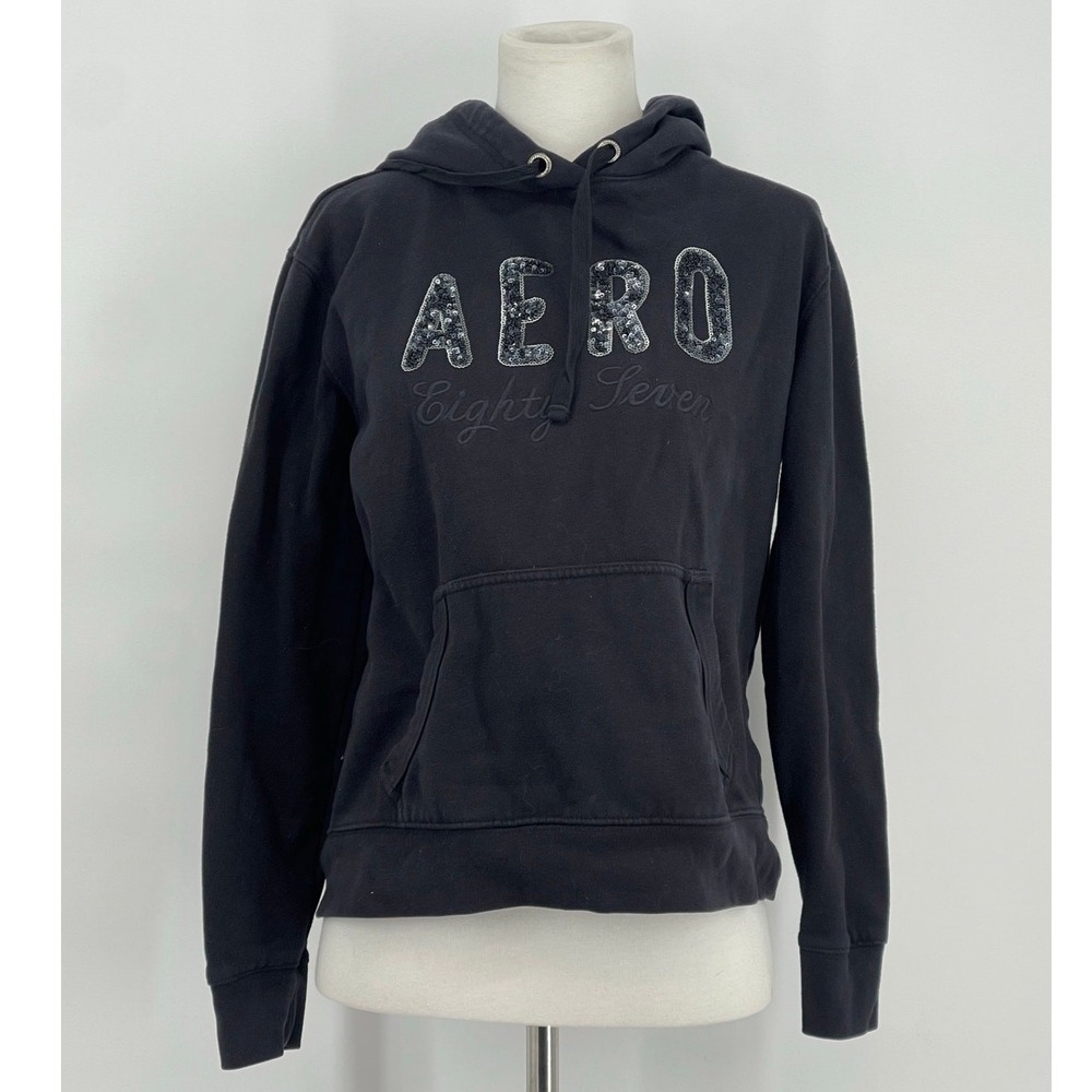 Aeropostale‎ Black Hoodie Sequin Logo Kangaroo Pocket Size Medium Y2K Skater